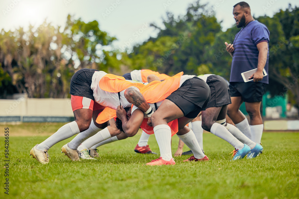 Rugby, scrum or men training with coach on grass field ready for match, practice or sports game. Fit