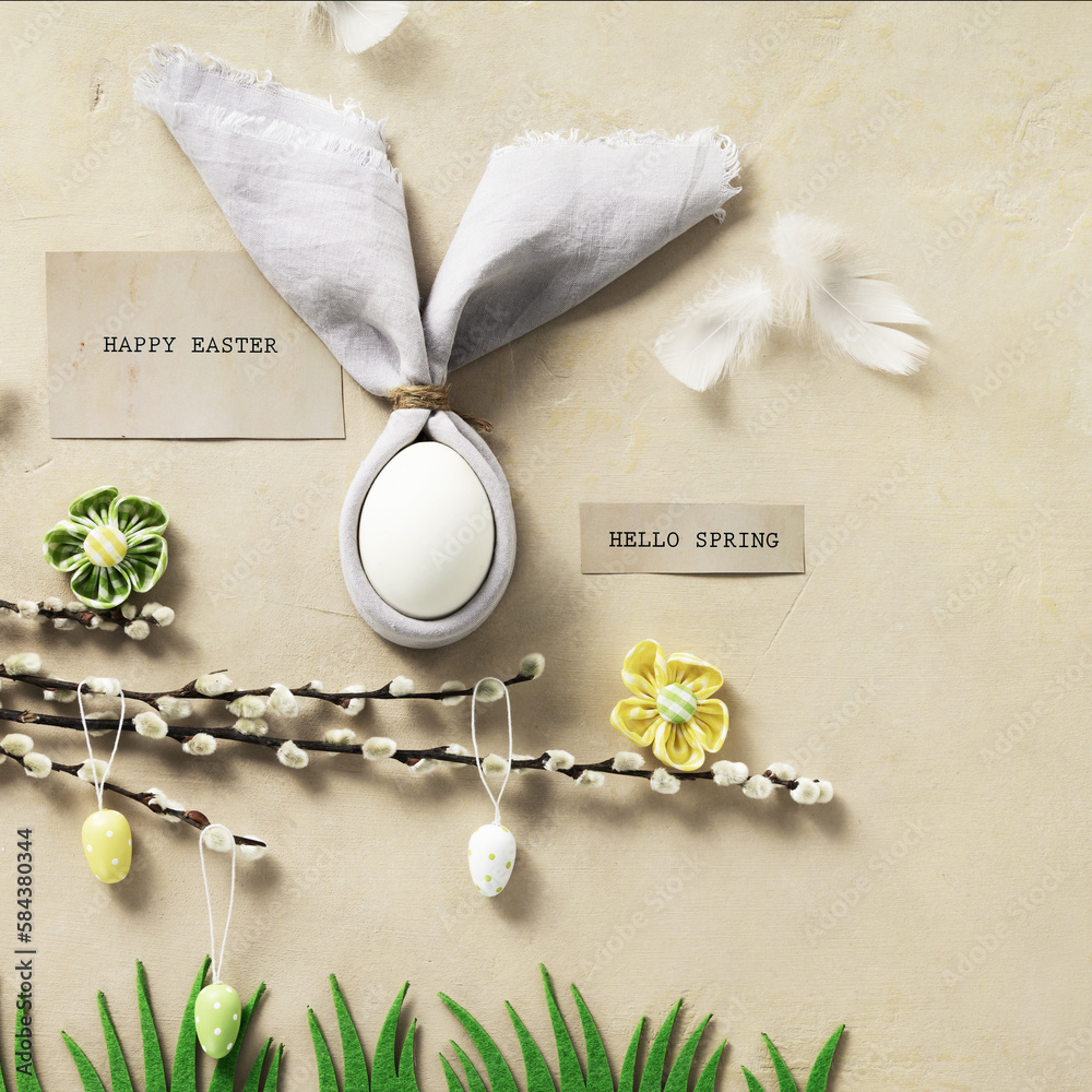 Easter Bunny Ears, eggs and spring willow branches top view flat lay