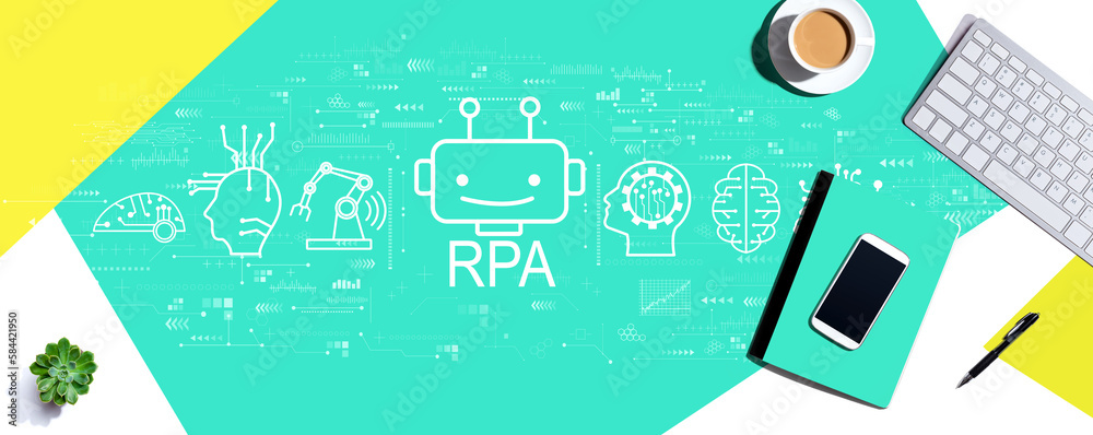 Robotic Process Automation RPA theme with a computer keyboard and office items