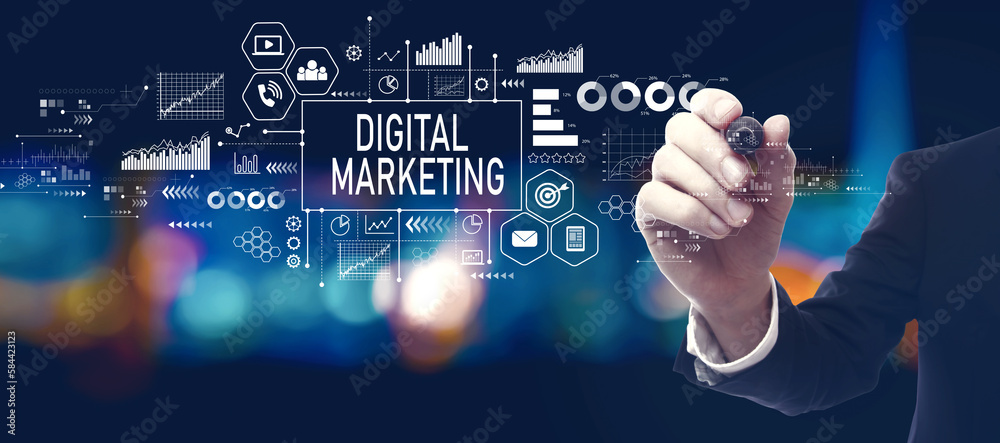 Digital marketing with businessman in a city at night