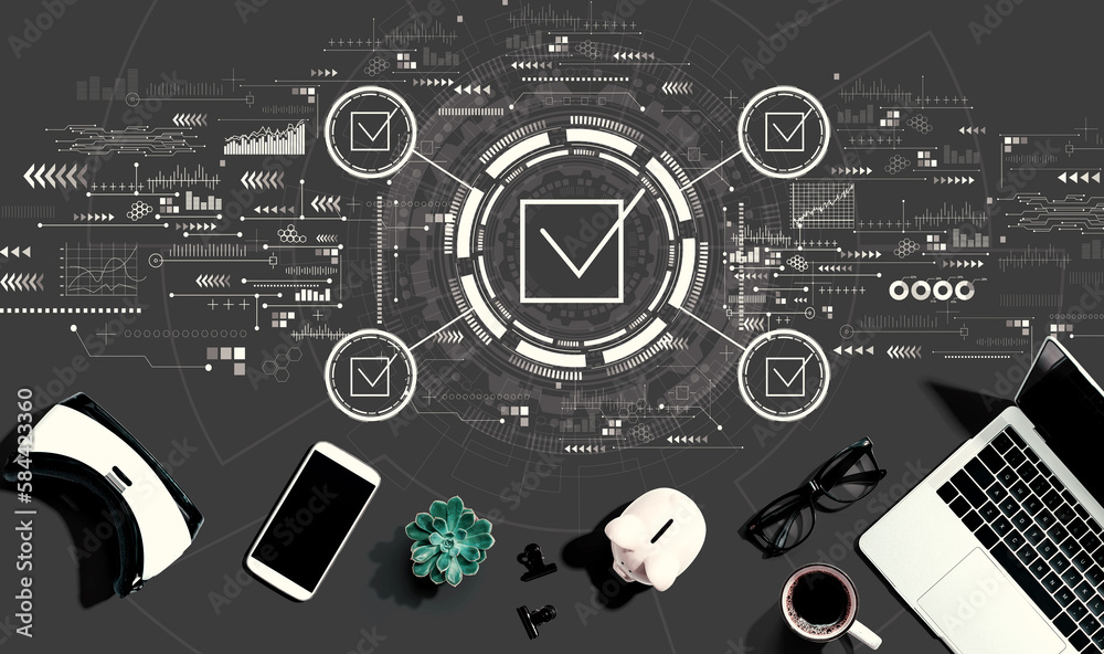 Checklist concept with electronic gadgets and office supplies - flat lay