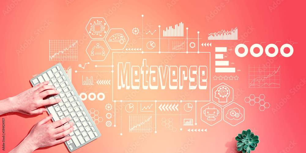 Metaverse theme with person using a computer keyboard