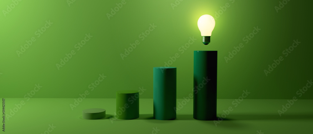 Idea light bulbs on the podiums -3D render