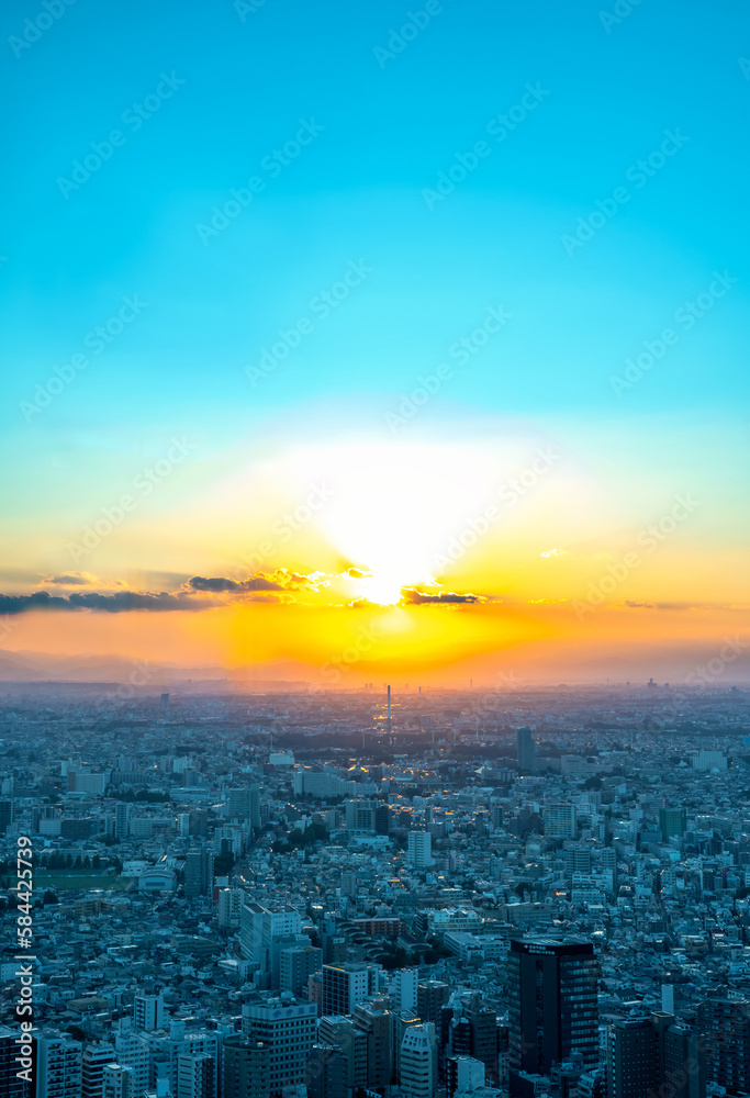 Skyscrapers towering over the cityscape of Nishi-Shinjuku, Tokyo, Japan at sunset