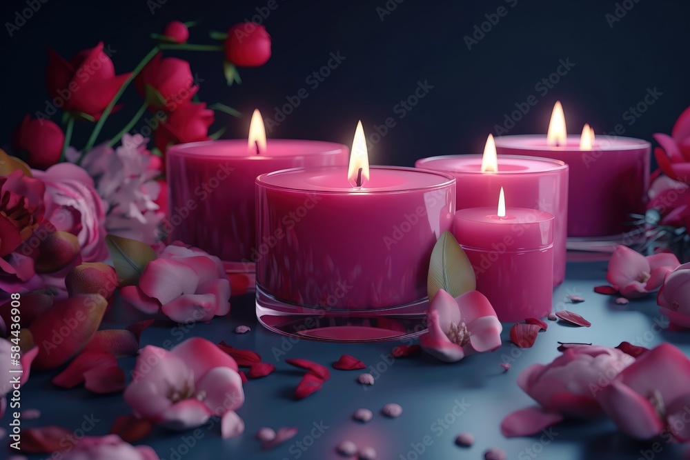  a group of pink candles sitting on top of a table next to pink flowers and petals on a blue table c