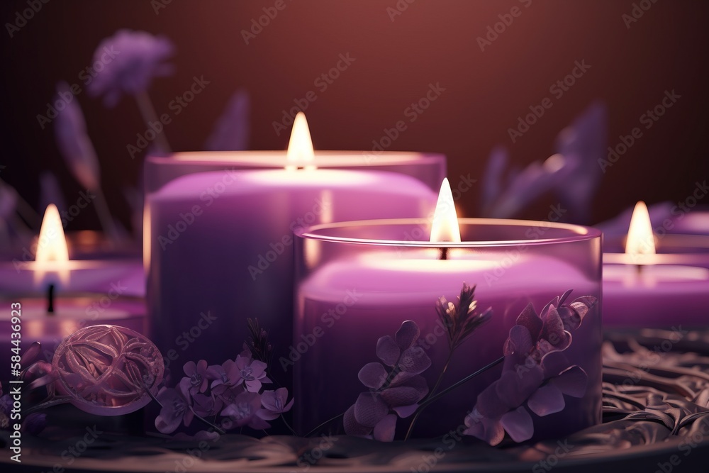  a group of lit candles with flowers on a tablecloth with a dark background and a pink rose in the c