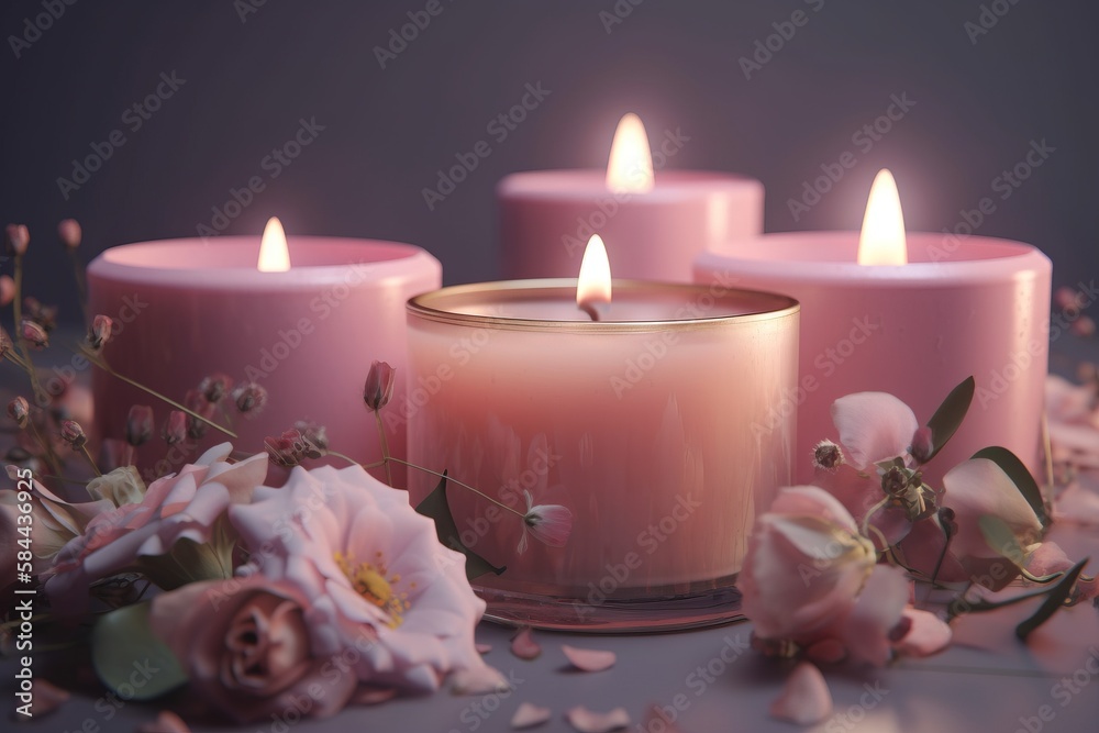  a group of pink candles sitting on top of a table next to pink flowers and petals on a tablecloth c