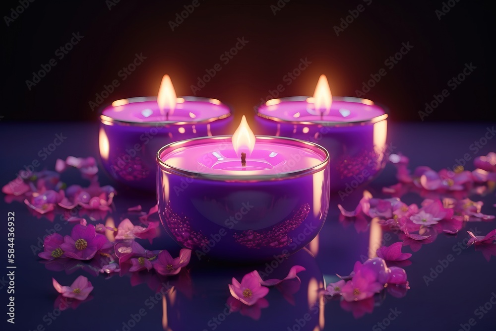  a group of three purple candles sitting on top of a purple table next to pink flowers on a purple s