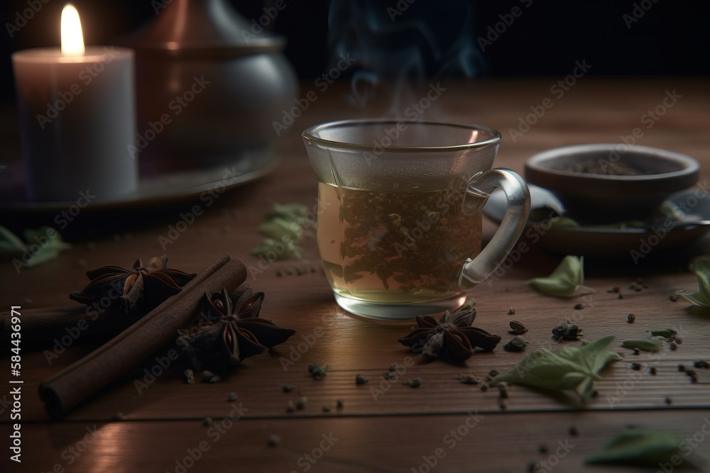  a cup of tea next to a lit candle and some cinnamon sticks on a table with leaves and spices on it 