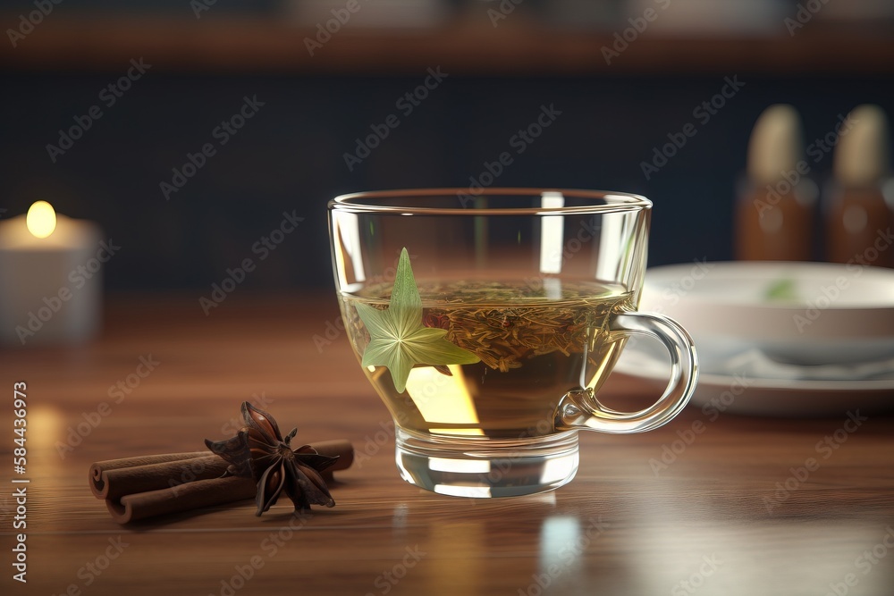  a cup of tea with a green leaf in it and cinnamon sticks on the side of the cup and a lit candle in