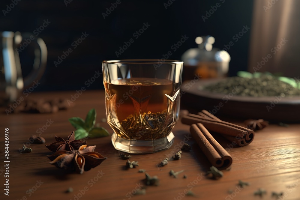  a glass of tea next to some cinnamons and a cup of tea on a wooden table with a teapot and a plate 