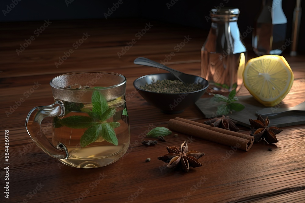  a cup of tea with a lemon and cinnamon on a table next to spices and a bottle of tea with a spoon a