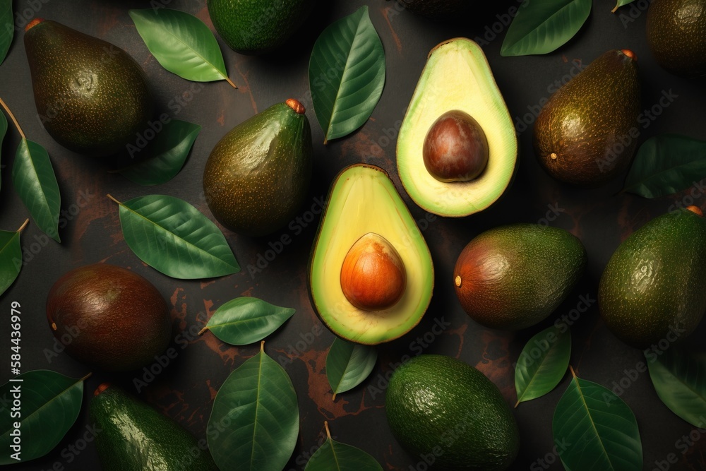  avocados and leaves on a table with one cut in half and the other half whole and half avocados on t