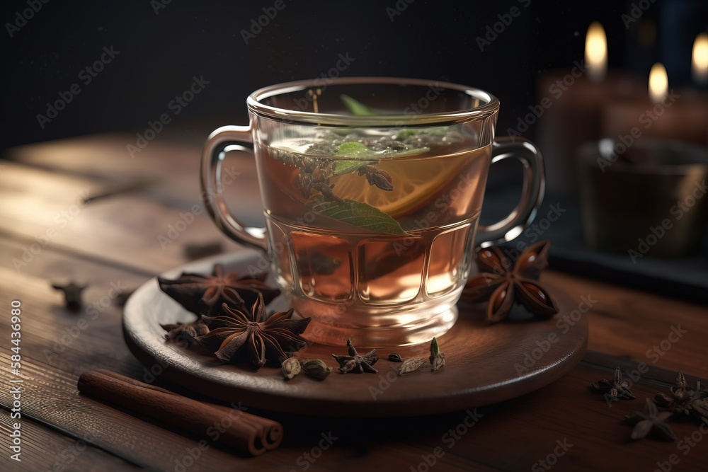  a cup of tea with an orange slice and star anise on a wooden table with cinnamons and anisettes aro