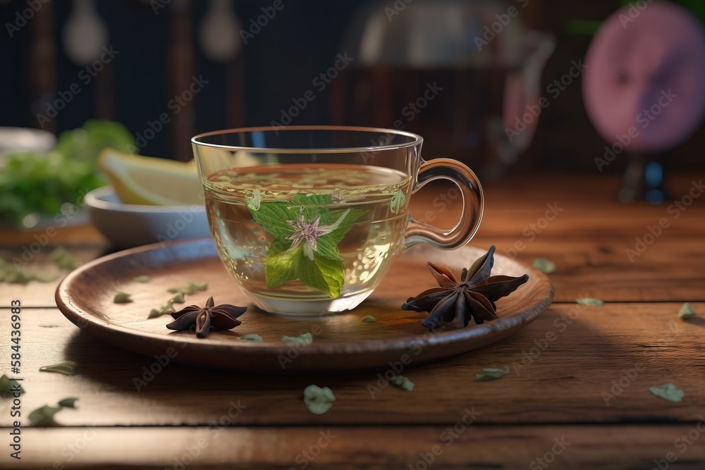  a cup of green tea on a plate with some leaves on the side of the cup and a lemon wedge on the side