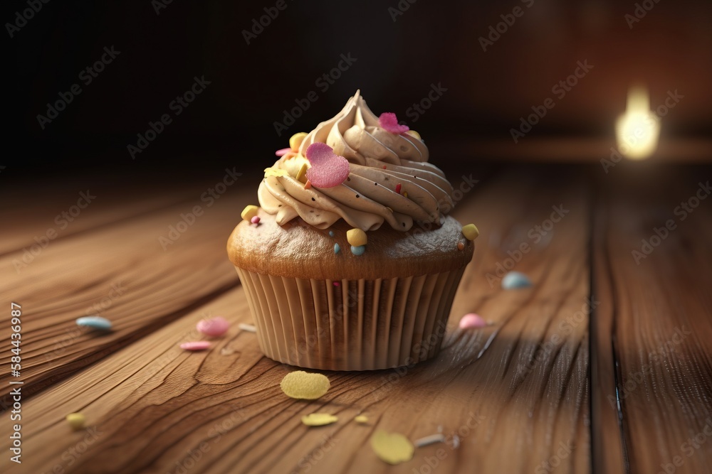  a cupcake with frosting and sprinkles on a wooden table with a lit candle in the background and con