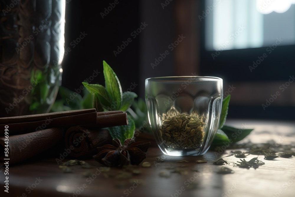  a glass filled with green leaves next to a cinnamon stick and a glass of tea on a wooden table with