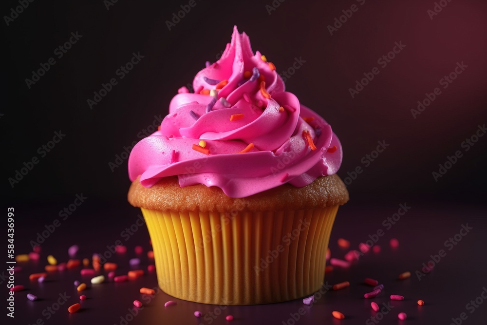  a cupcake with pink frosting and sprinkles on a purple surface with pink and pink lights behind it 