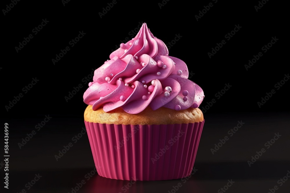  a cupcake with pink frosting on a black surface with a black background and a black background with