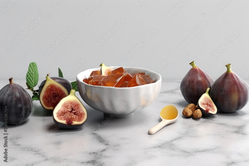  a bowl of sliced figs and a spoon on a marble counter top with a marble counter top and a marble bo