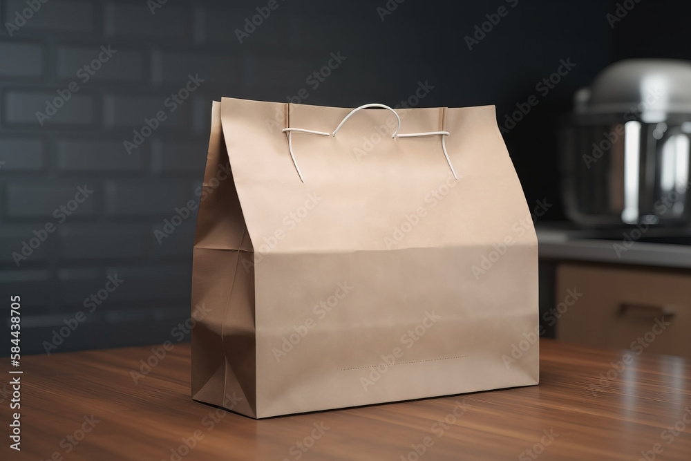  a brown paper bag sitting on top of a wooden table next to a blender and a coffee maker in the back