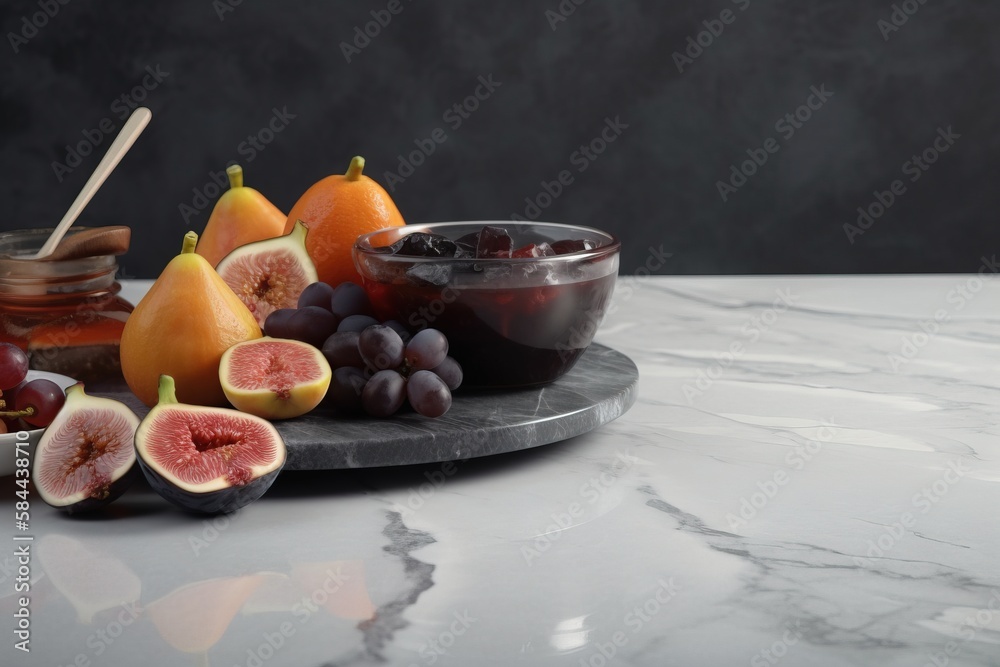  a plate of fruit and a bowl of jam on a marble counter top with a spoon and spoon rest on the plate