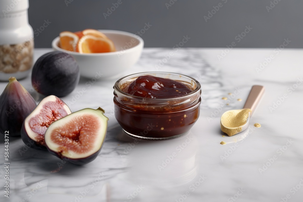  a jar of jam next to some figs and oranges on a marble counter top with a spoon and a bowl of nuts 