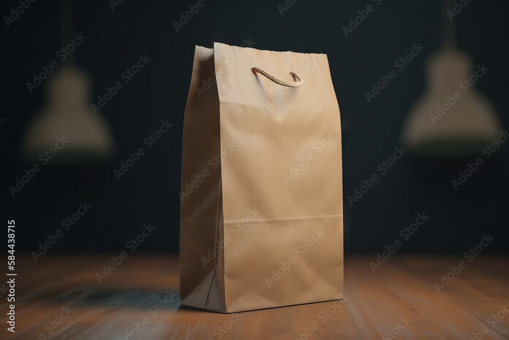  a brown paper bag sitting on top of a wooden table next to two lamps and a black wall in the backgr