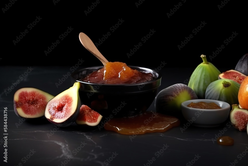  a bowl of jam surrounded by figs, figs, and other fruit on a table with a spoon and a bowl of honey