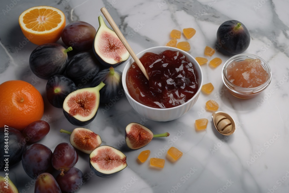  a table topped with fruits and a bowl of jam next to sliced oranges and a honey jar filled with jam