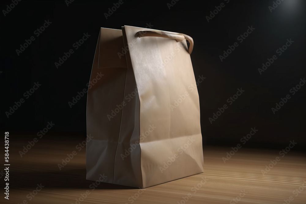  a brown paper bag sitting on top of a wooden table next to a light bulb on a black background with 