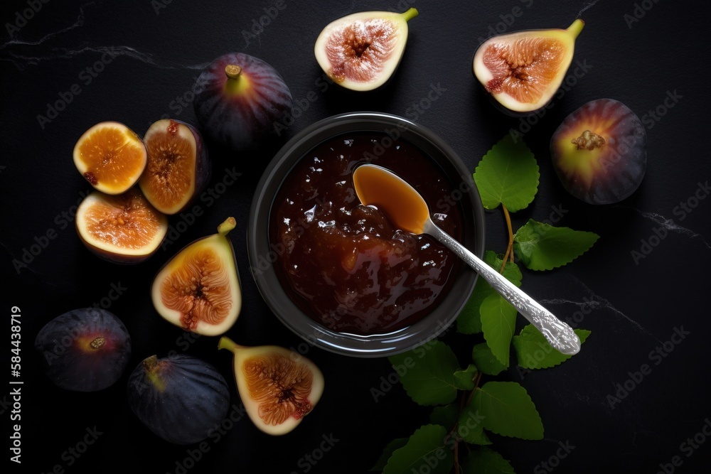  a bowl of jam surrounded by figs on a black surface with leaves and a spoon in it with a spoon in t