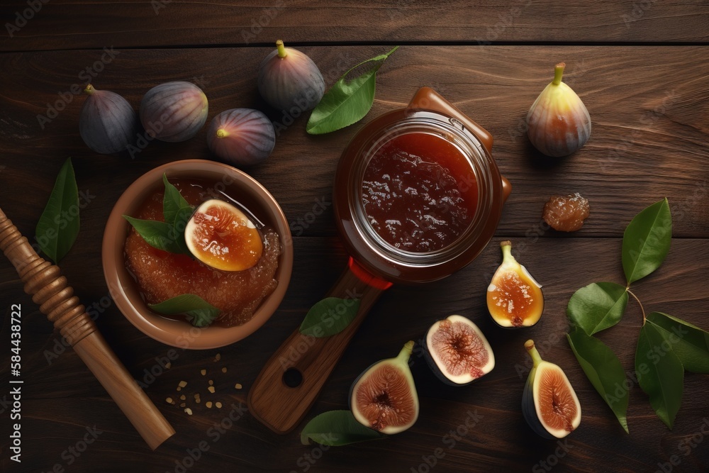  figs, honey, and a jar of jam on a wooden table with green leaves and a wooden spoon next to it on 