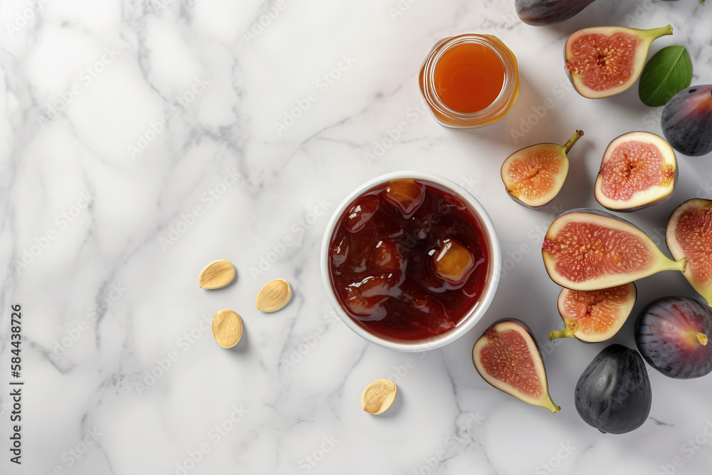  a bowl of honey and some figs on a marble table with a honey comb and some figs on the side of the 