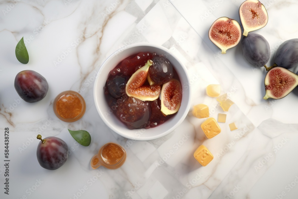  a bowl filled with fruit next to sliced up figs and cheese slices on a marble counter top next to a