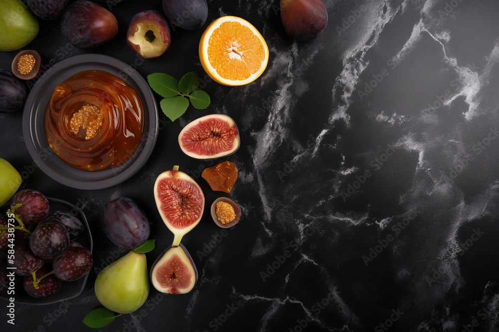  figs, oranges, and other fruit on a black marble table with a bowl of honey and a bowl of figs on t