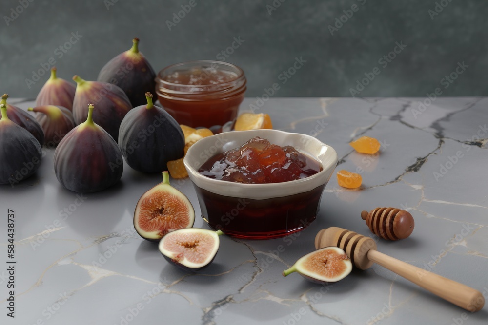  figs and honey on a marble table with a bowl of honey and a honey dipper on the side of the table w