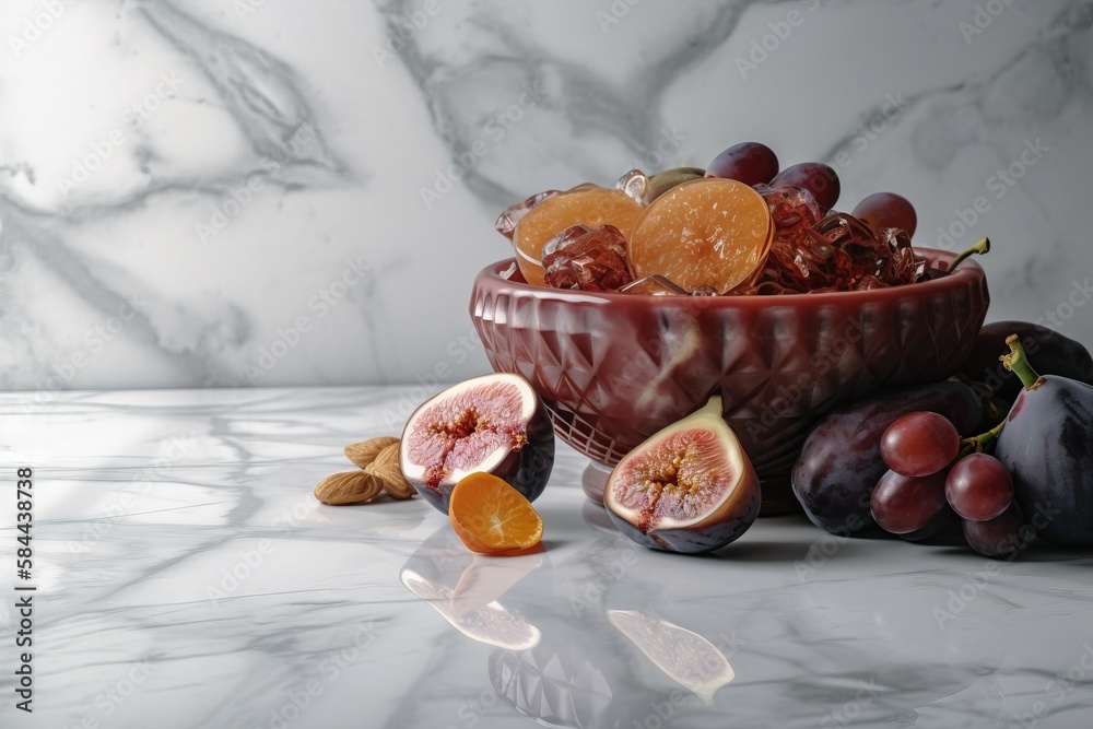  a bowl filled with fruit sitting on top of a counter next to a sliced orange and other fruit on top