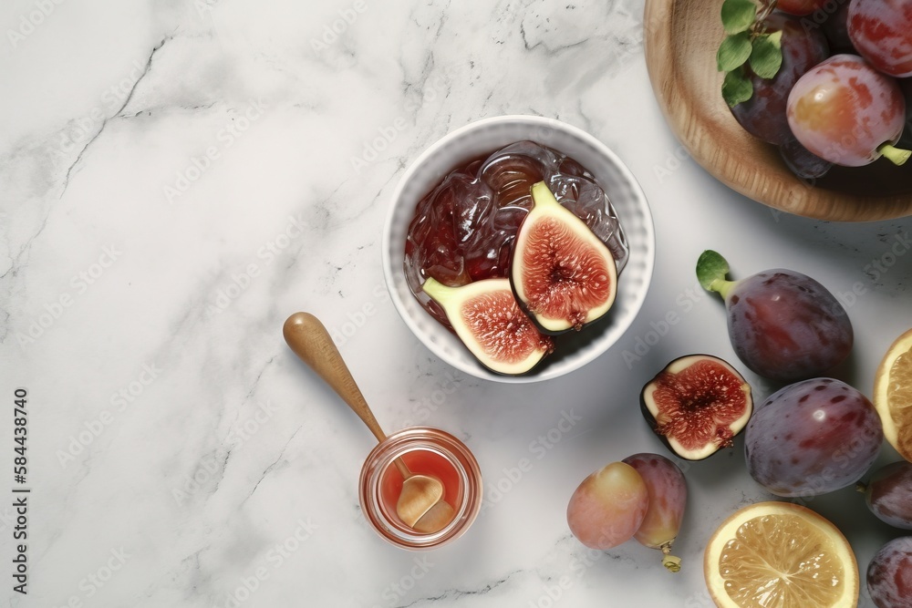  a bowl of fruit next to a bowl of sliced figs and a bowl of honey on a marble counter top with a wo