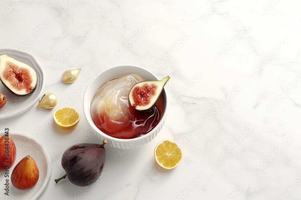  a bowl of fruit and a bowl of fruit on a white table with a marble surface and two plates of fruit 