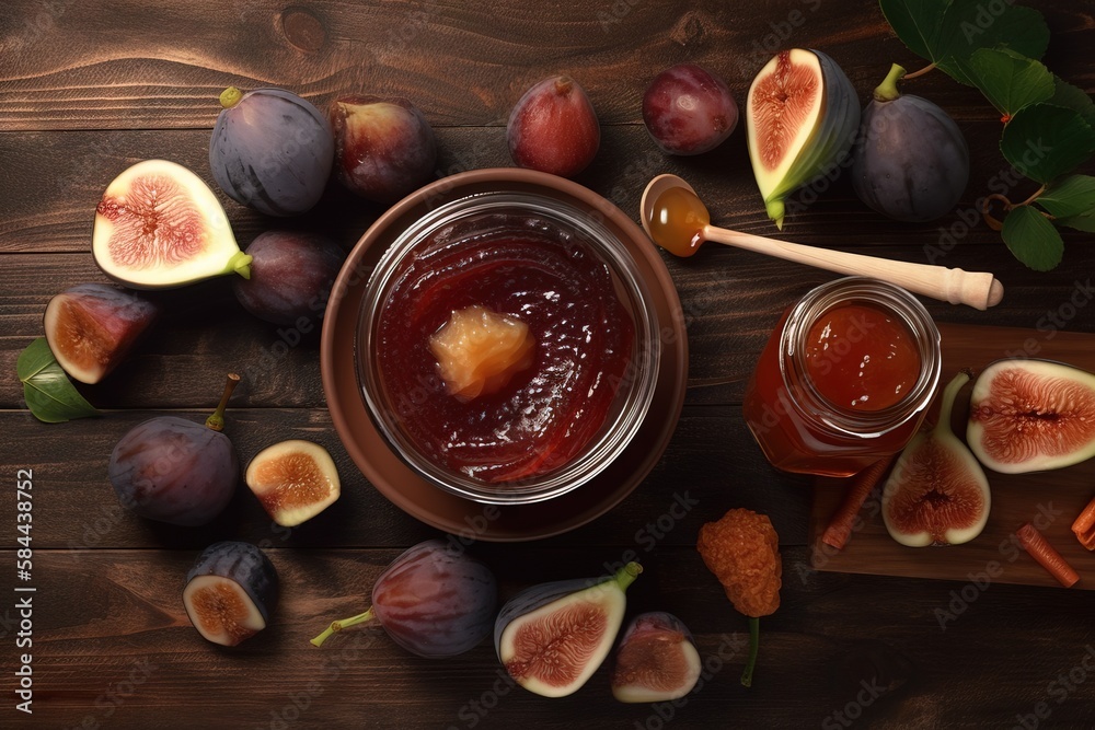  a bowl of jam surrounded by figs on a wooden table with a wooden spoon and a couple of figs on the 