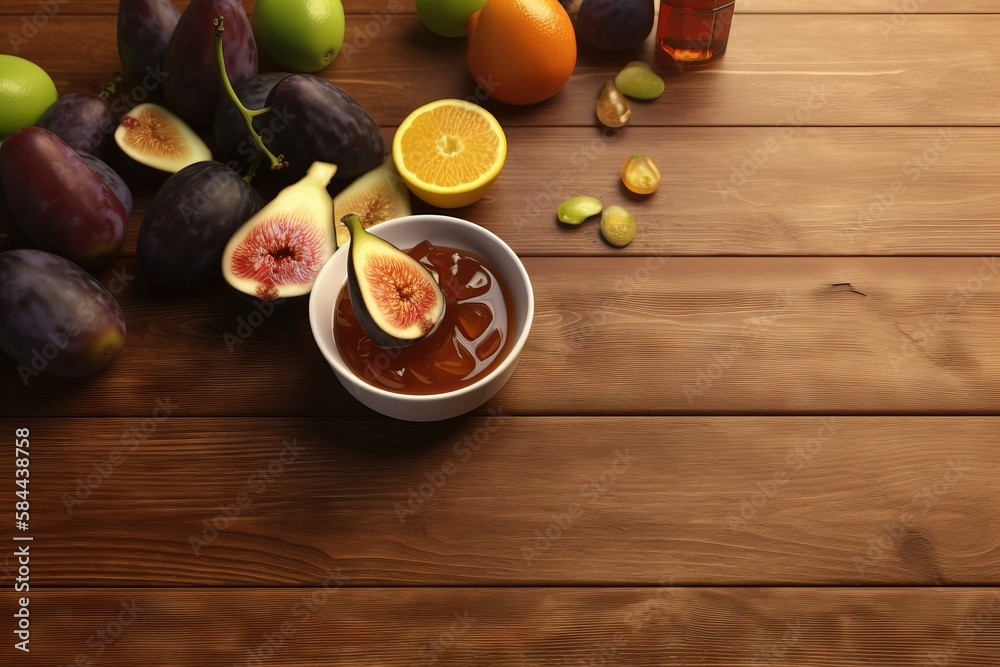  a bowl of fruit sitting on top of a wooden table next to a cup of tea and a bottle of juice and a c