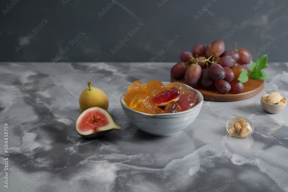  a bowl of fruit and a bowl of nuts on a marble counter top with a bowl of fruit and a bowl of nuts 