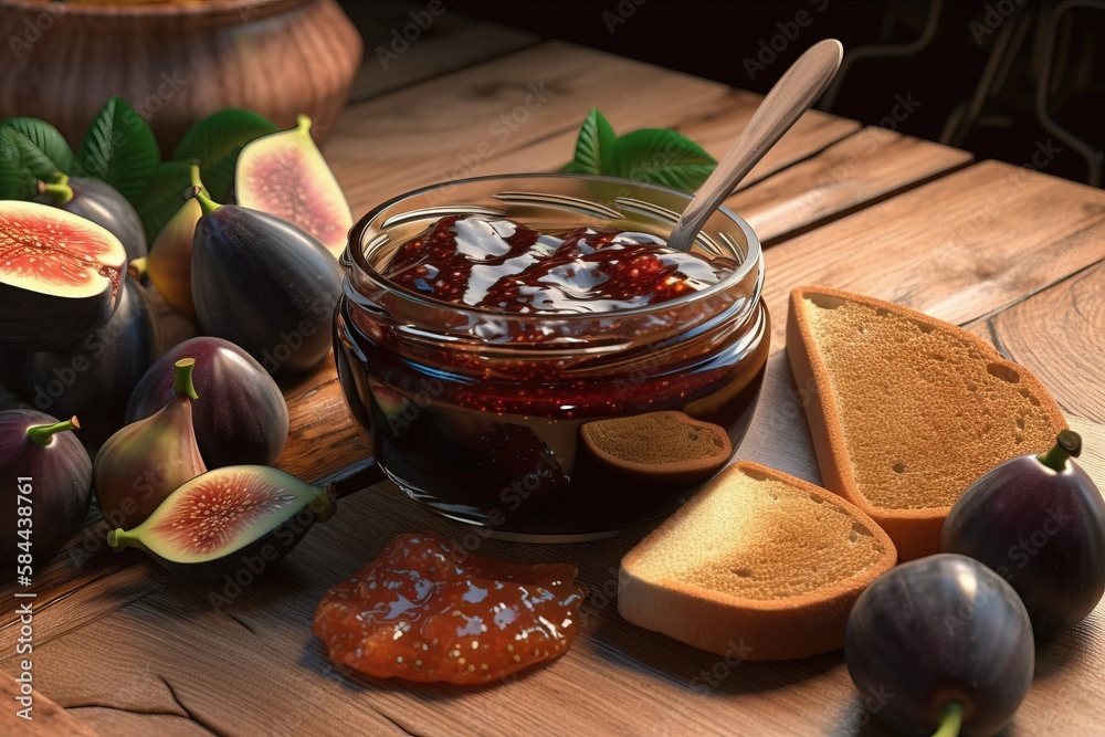  a jar of jam next to sliced bread and figs on a wooden table with figs and bread on the side of the