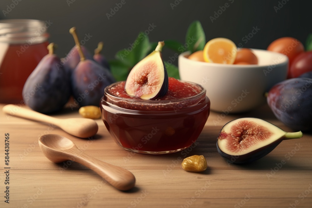  a jar of jam surrounded by figs, oranges, and other fruit on a wooden table with a spoon and bowl o