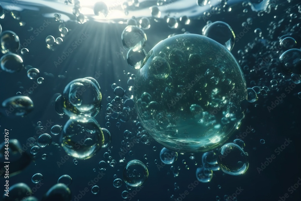  a bunch of bubbles floating in the air next to a light source in the water with sunlight shining on