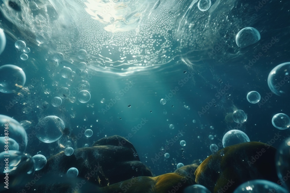  a bunch of bubbles floating in the air over a rocky area with rocks and rocks under water with sunl