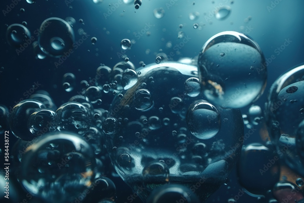  a close up of a bunch of bubbles on a blue background with water droplets on the surface of the wat