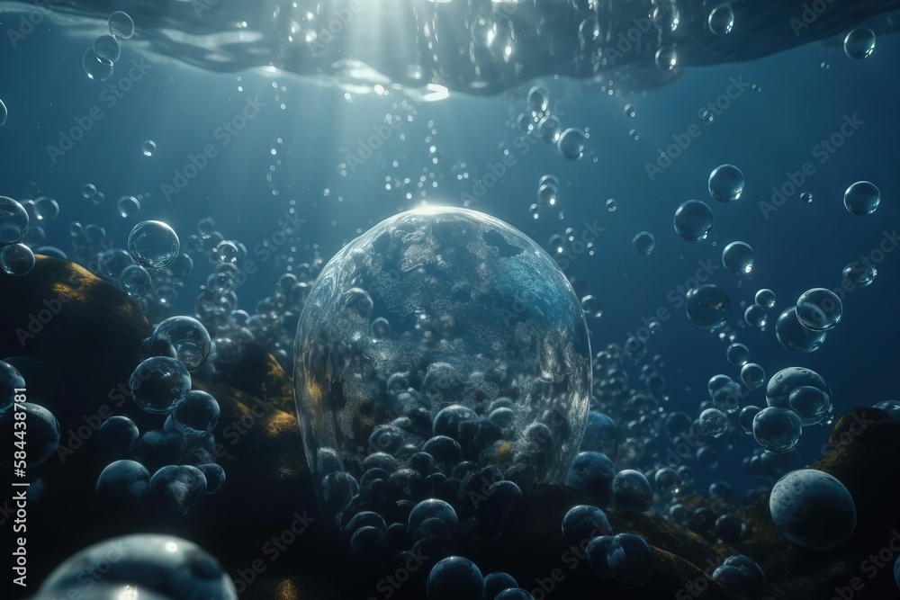  a bunch of bubbles floating in the water next to a rock wall and a light shining on the surface of 