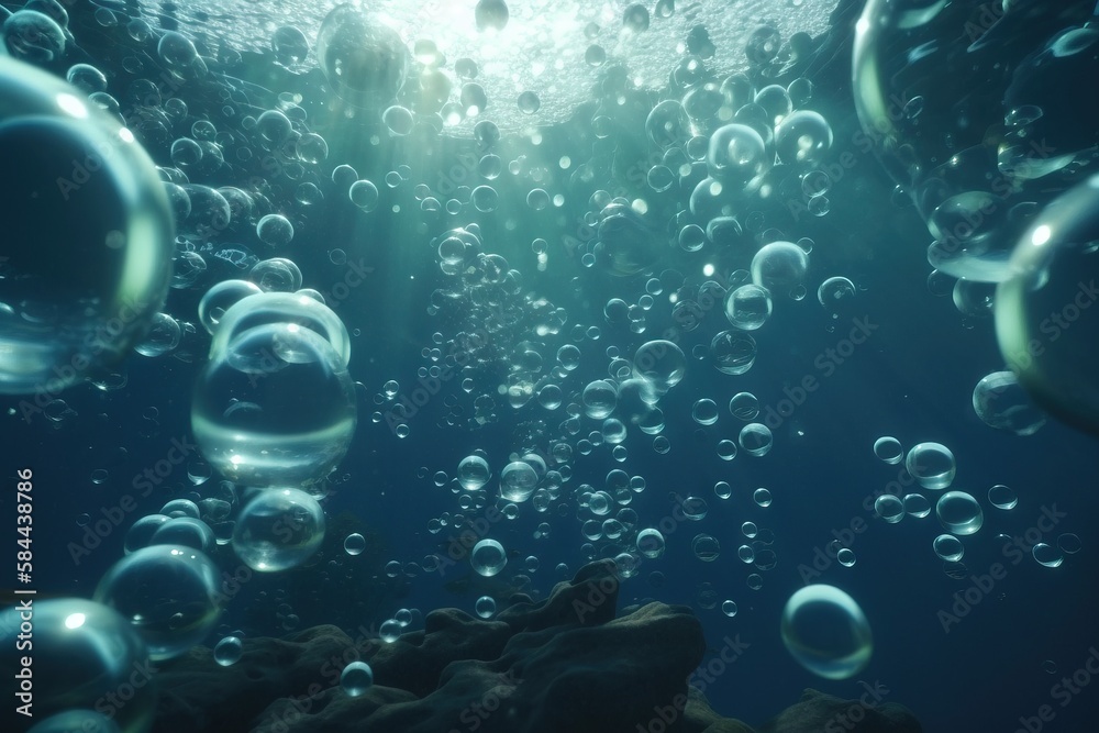  bubbles floating in the air over a rock under the waters surface, with sunlight shining through th